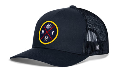 New York City Soccer Trucker Hat, navy snapback showing Haka brandmark on left side of cap.