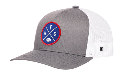 New York Football Trucker Hat, gray-white snapback showing Haka brandmark on left side of cap.