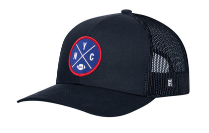 New York Football Trucker Hat, navy snapback showing Haka brandmark on left side of cap.