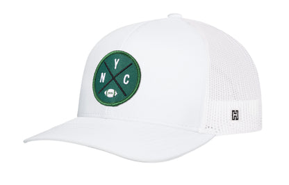 New York Football Trucker Hat, white snapback showing Haka brandmark on left side of cap.