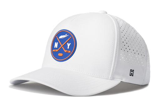 New York Hockey Performance 5-Panel Hat, white snapback showing Haka brandmark on left side of cap.