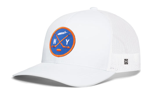 Long Island Hockey Trucker Hat, white snapback showing Haka brandmark on left side of cap.
