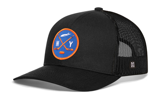 Long Island Hockey Trucker Hat, black snapback showing Haka brandmark on left side of cap.
