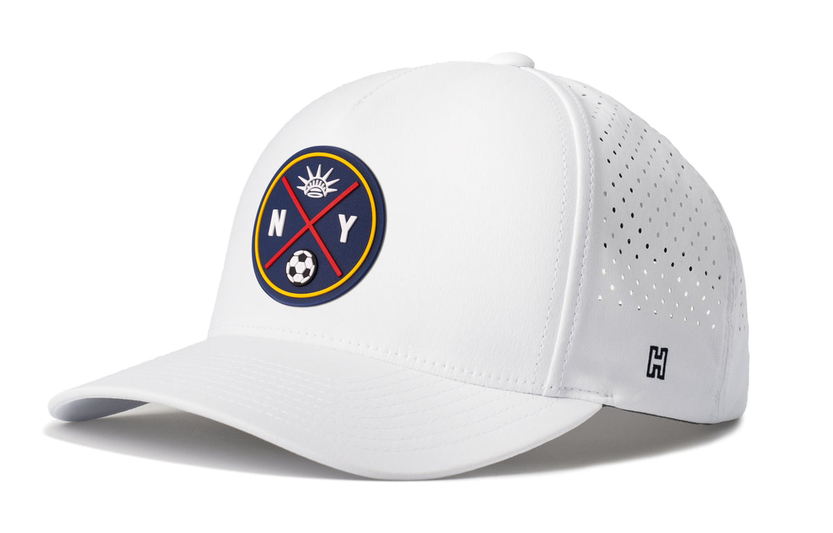 New York Soccer Performance 5-Panel Hat, white snapback showing Haka brandmark on left side of cap.