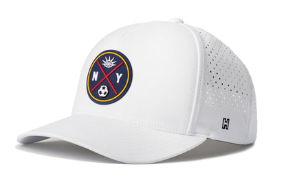New York Soccer Performance 5-Panel Hat, white snapback showing Haka brandmark on left side of cap.