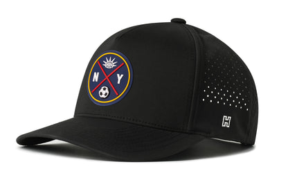 New York Soccer Performance 5-Panel Hat, black snapback showing Haka brandmark on left side of cap.