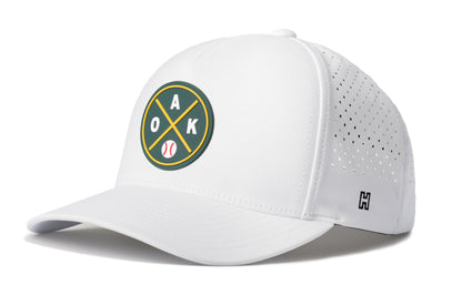 Oakland Baseball Performance 5-Panel Hat, white snapback showing Haka brandmark on left side of cap.
