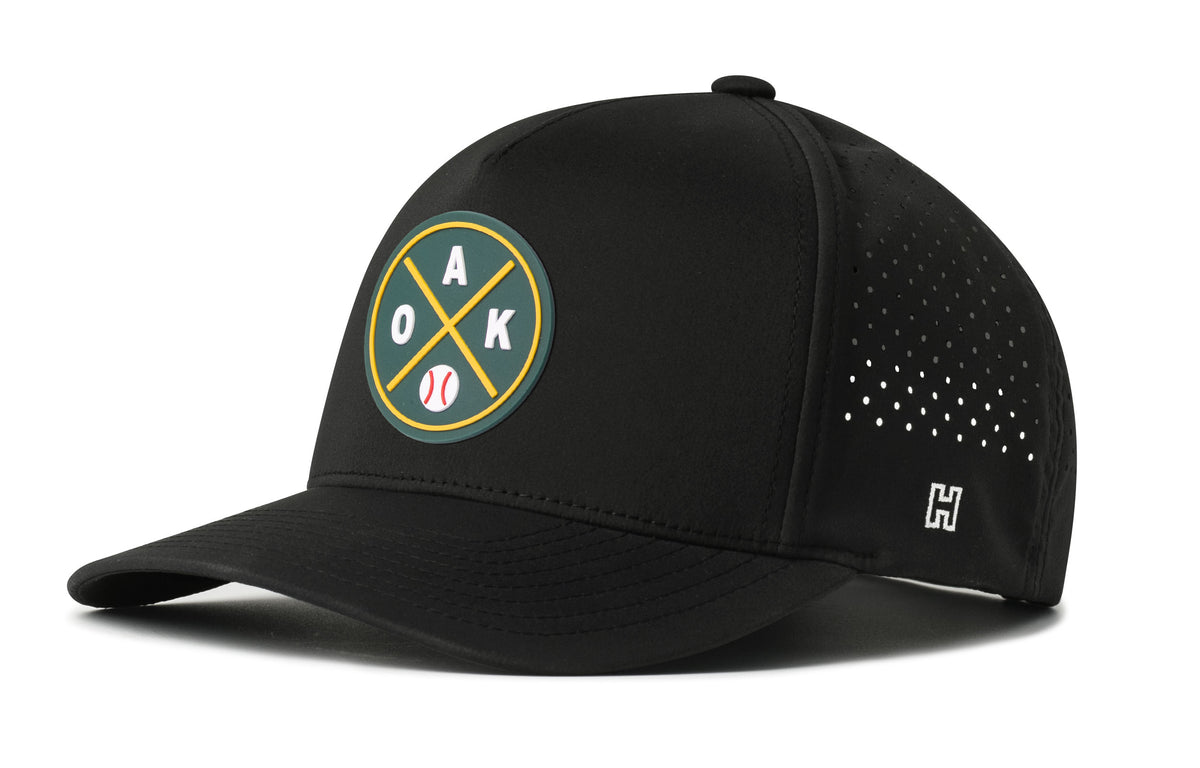 Oakland Baseball Performance 5-Panel Hat, black snapback showing Haka brandmark on left side of cap.