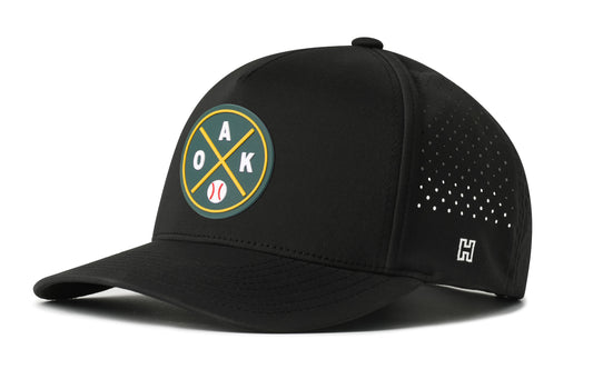Oakland Baseball Performance 5-Panel Hat, black snapback showing Haka brandmark on left side of cap.