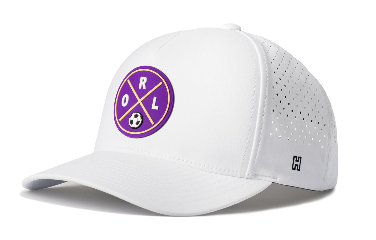 Orlando Soccer Performance 5-Panel Hat, white snapback showing Haka brandmark on left side of cap.