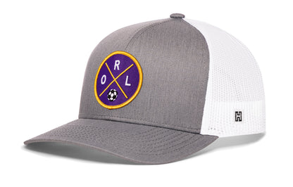 Orlando Soccer Trucker Hat, gray-white snapback showing Haka brandmark on left side of cap.