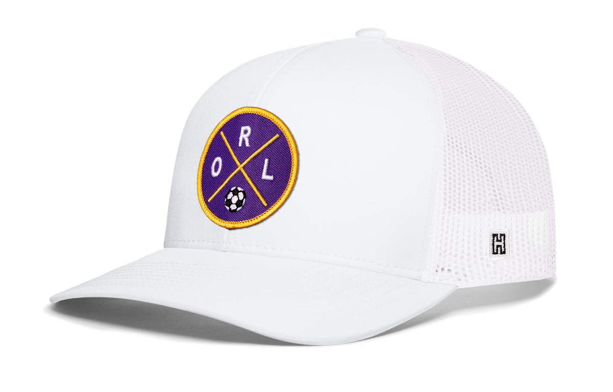 Orlando Soccer Trucker Hat, white snapback showing Haka brandmark on left side of cap.
