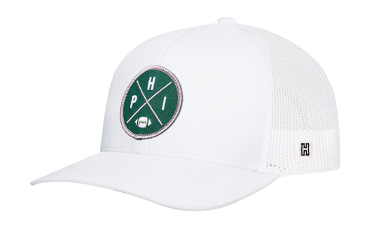 Philadelphia Football Trucker Hat, white snapback showing Haka brandmark on left side of cap.