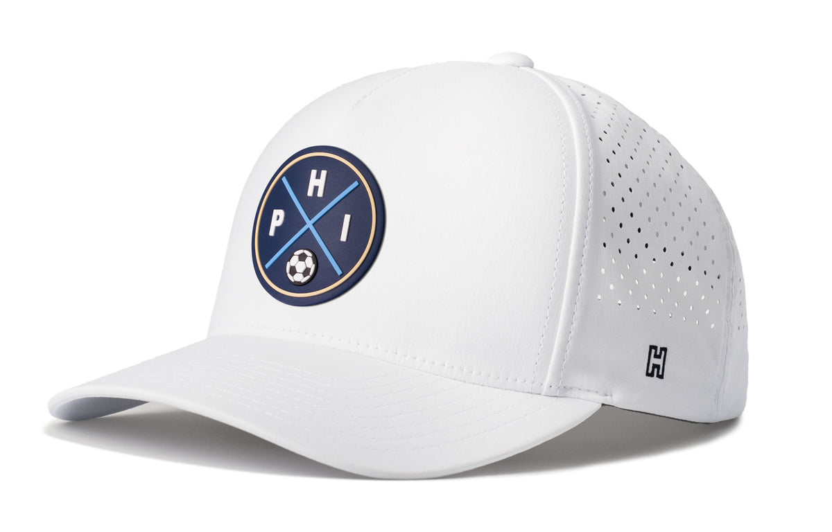 Philadelphia Soccer Performance 5-Panel Hat, white snapback showing Haka brandmark on left side of cap.