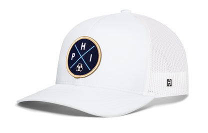 Philadelphia Soccer Trucker Hat, white snapback showing Haka brandmark on left side of cap.