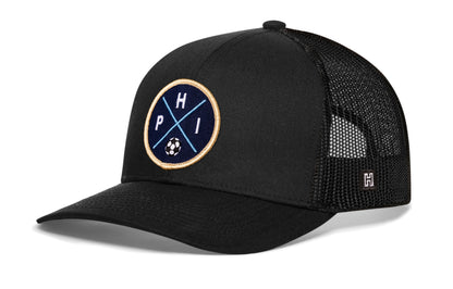 Philadelphia Soccer Trucker Hat, black snapback showing Haka brandmark on left side of cap.