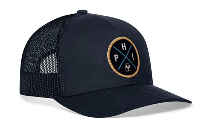 navy trucker hat viewed from the right side, showcasing a bold navy and gold embroidered X patch prominently displayed on the front