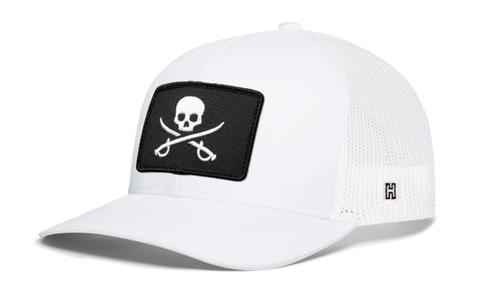 Pirate Flag Trucker Hat, white snapback showing Haka brandmark on left side of cap.