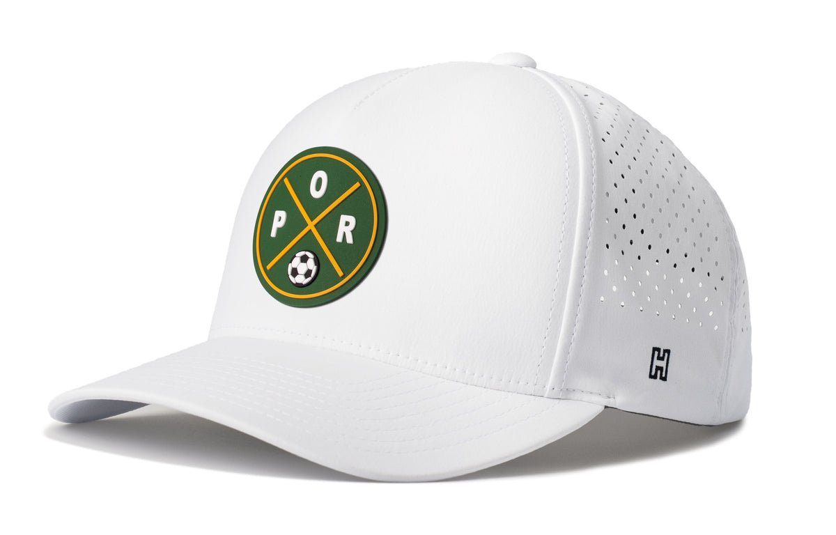 Portland Soccer Performance 5-Panel Hat, white snapback showing Haka brandmark on left side of cap.