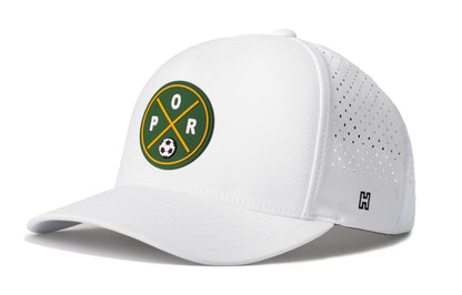 Portland Soccer Performance 5-Panel Hat, white snapback showing Haka brandmark on left side of cap.