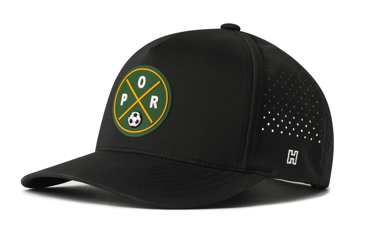 Portland Soccer Performance 5-Panel Hat, black snapback showing Haka brandmark on left side of cap.