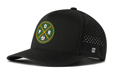 Portland Soccer Performance 5-Panel Hat, black snapback showing Haka brandmark on left side of cap.