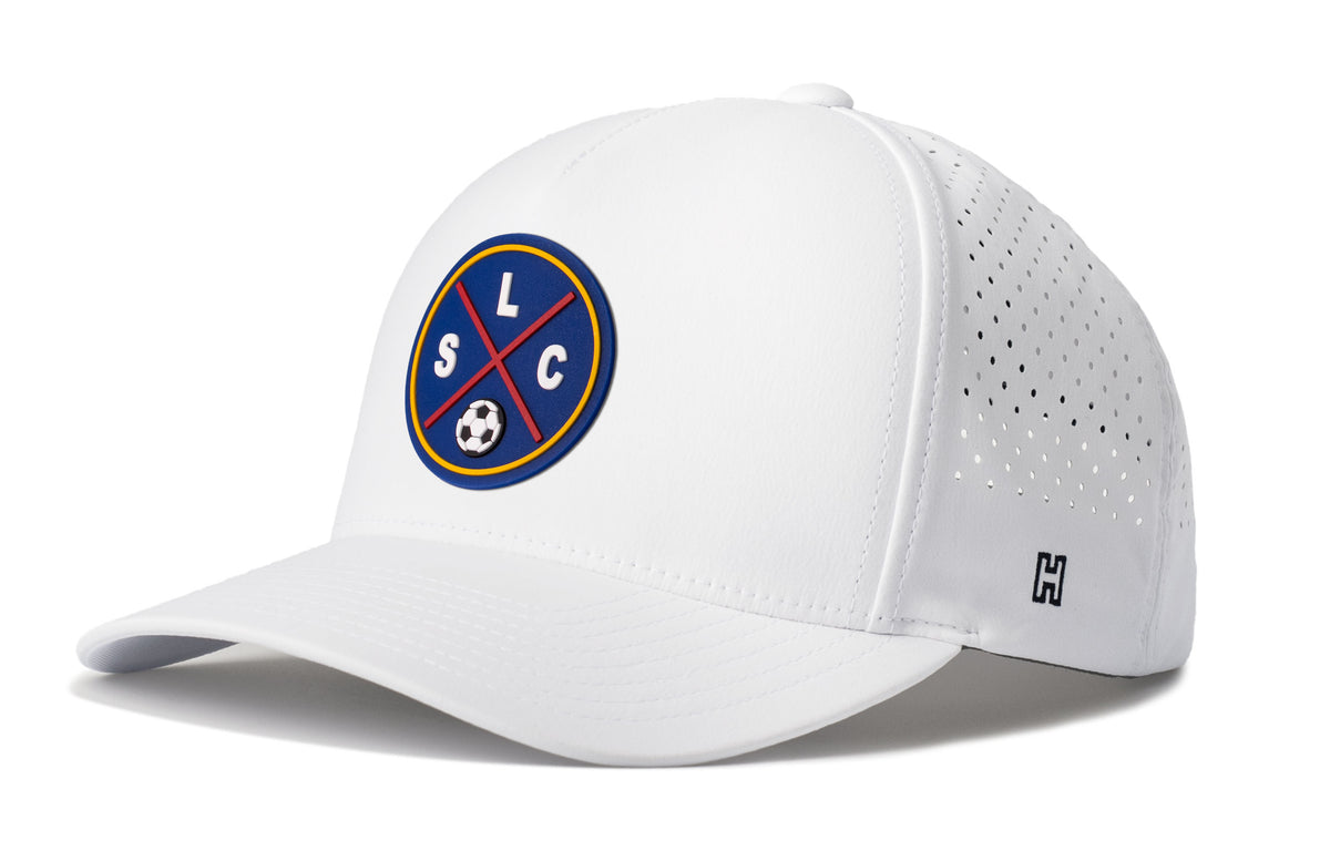 Salt Lake City Soccer Performance 5-Panel Hat, white snapback showing Haka brandmark on left side of cap.