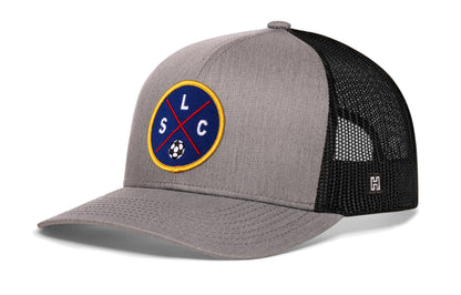 Salt Lake City Soccer Trucker Hat, gray-black snapback showing Haka brandmark on left side of cap.