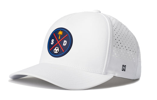 San Diego Soccer Performance 5-Panel Hat, white snapback showing Haka brandmark on left side of cap.