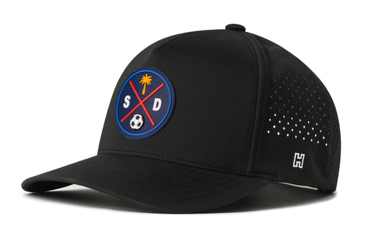 San Diego Soccer Performance 5-Panel Hat, black snapback showing Haka brandmark on left side of cap.