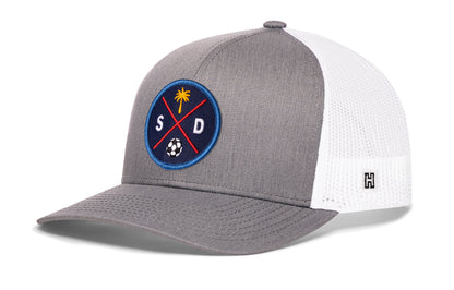 San Diego Soccer Trucker Hat, gray-white snapback showing Haka brandmark on left side of cap.