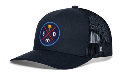 San Diego Soccer Trucker Hat, navy snapback showing Haka brandmark on left side of cap.