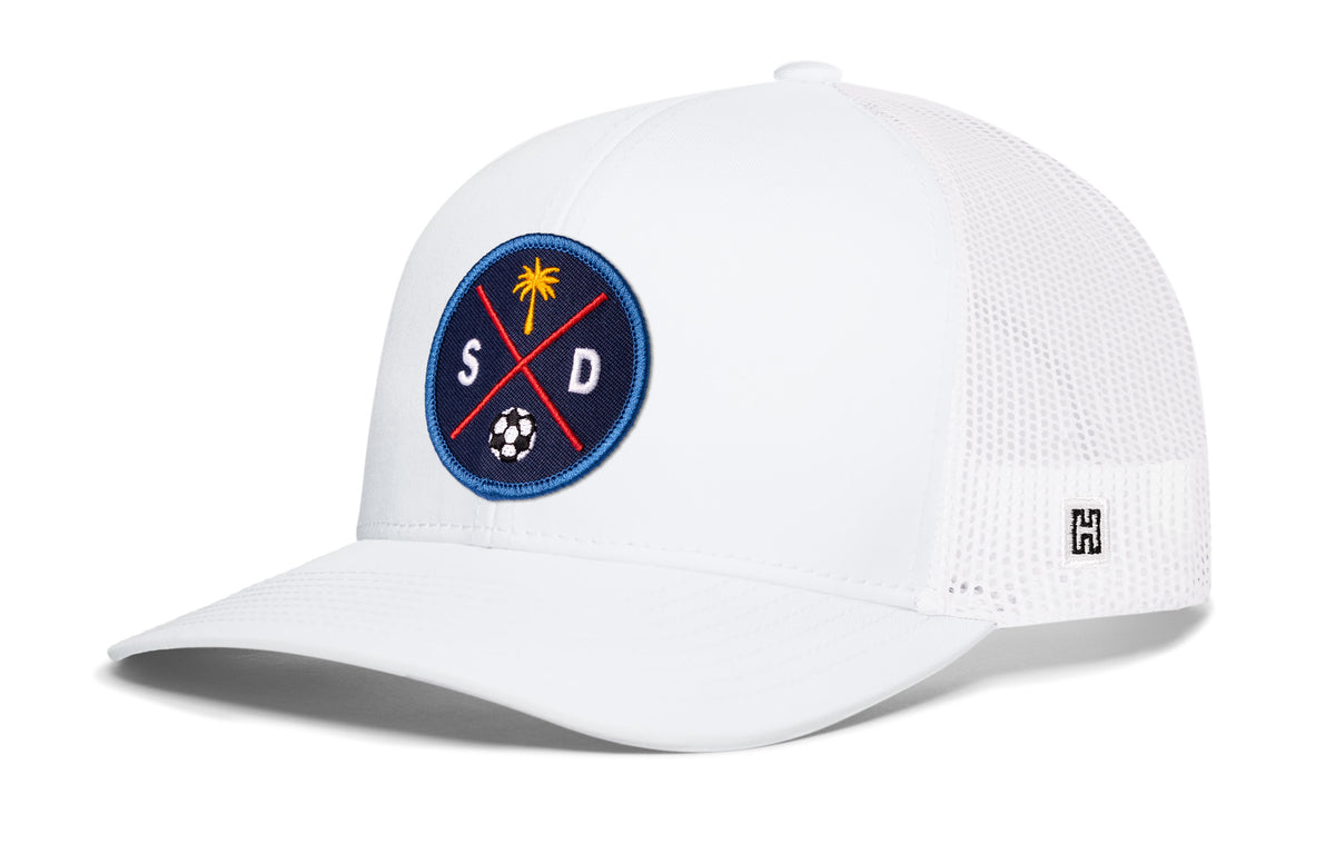 San Diego Soccer Trucker Hat, white snapback showing Haka brandmark on left side of cap.