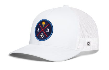 San Diego Soccer Trucker Hat, white snapback showing Haka brandmark on left side of cap.