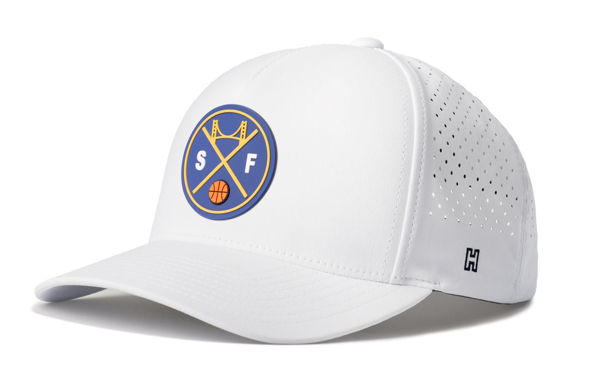San Francisco Basketball Performance 5-Panel Hat, white snapback showing Haka brandmark on left side of cap.