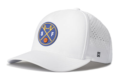 San Francisco Basketball Performance 5-Panel Hat, white snapback showing Haka brandmark on left side of cap.