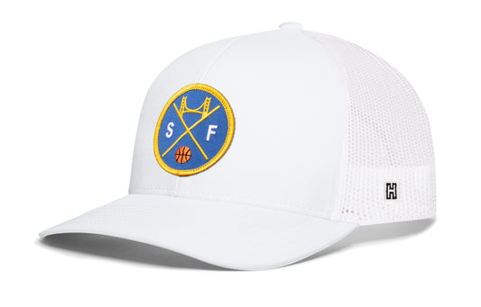 San Francisco Basketball Trucker Hat, white snapback showing Haka brandmark on left side of cap.