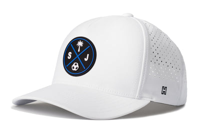San Jose Soccer Performance 5-Panel Hat, white snapback showing Haka brandmark on left side of cap.