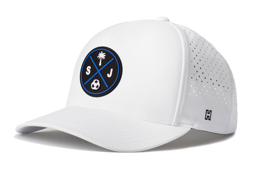 San Jose Soccer Performance 5-Panel Hat, white snapback showing Haka brandmark on left side of cap.