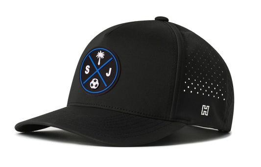 San Jose Soccer Performance 5-Panel Hat, black snapback showing Haka brandmark on left side of cap.