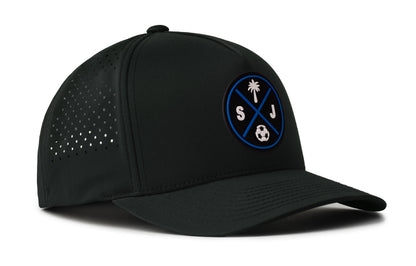 black performance 5-panel hat viewed from the right side, showcasing a bold black and blue pvc patch prominently displayed on the front