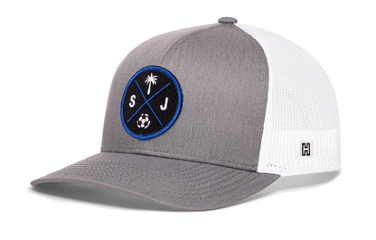 San Jose Soccer Trucker Hat, gray-white snapback showing Haka brandmark on left side of cap.