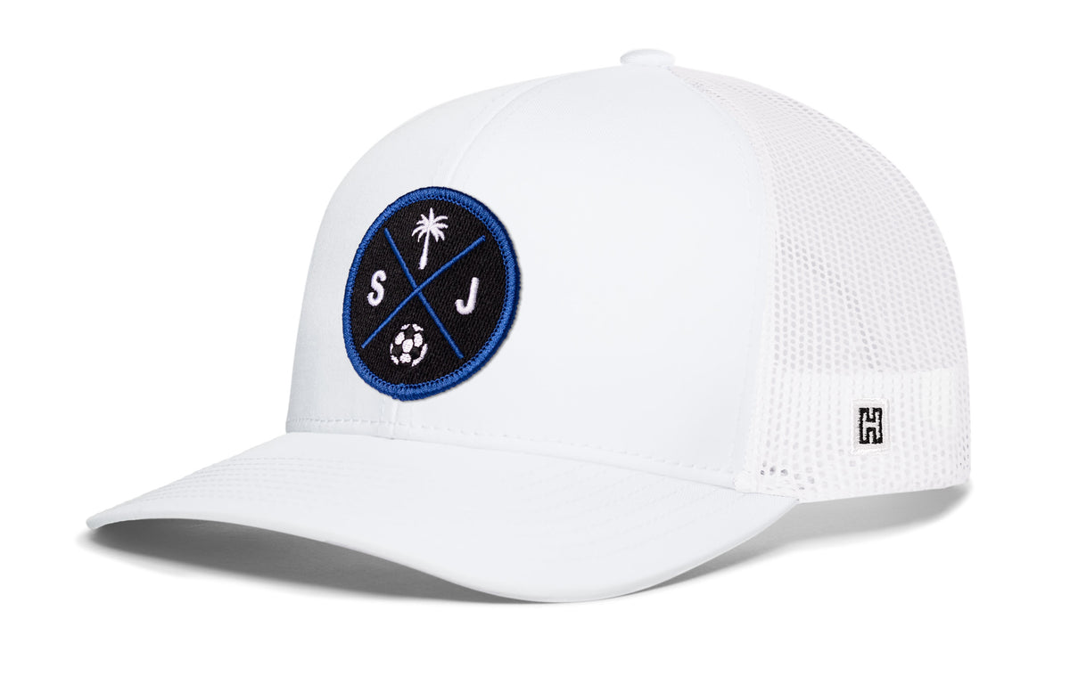 San Jose Soccer Trucker Hat, white snapback showing Haka brandmark on left side of cap.