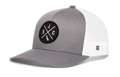 San Jose Trucker Hat, gray-white snapback showing Haka brandmark on left side of cap.