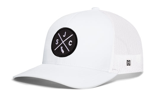 San Jose Trucker Hat, white snapback showing Haka brandmark on left side of cap.