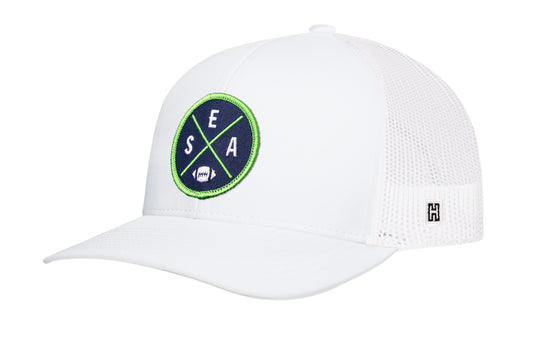 Seattle Football Trucker Hat, white snapback showing Haka brandmark on left side of cap.