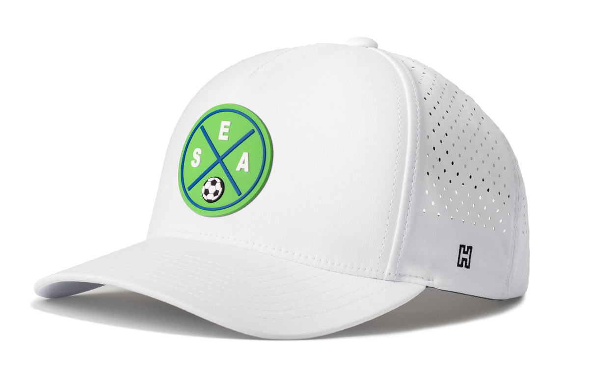 Seattle Soccer Performance 5-Panel Hat, white snapback showing Haka brandmark on left side of cap.