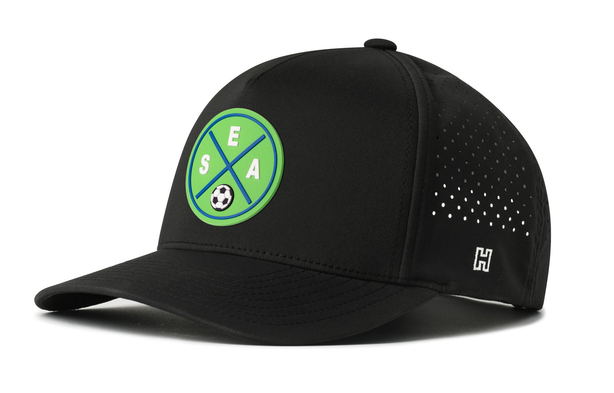 Seattle Soccer Performance 5-Panel Hat, black snapback showing Haka brandmark on left side of cap.