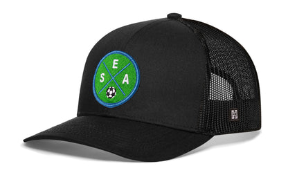 Seattle Soccer Trucker Hat, black snapback showing Haka brandmark on left side of cap.