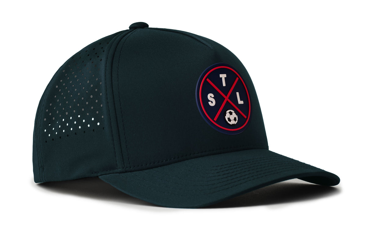 navy performance 5-panel hat viewed from the right side, showcasing a bold red and blue pvc patch prominently displayed on the front